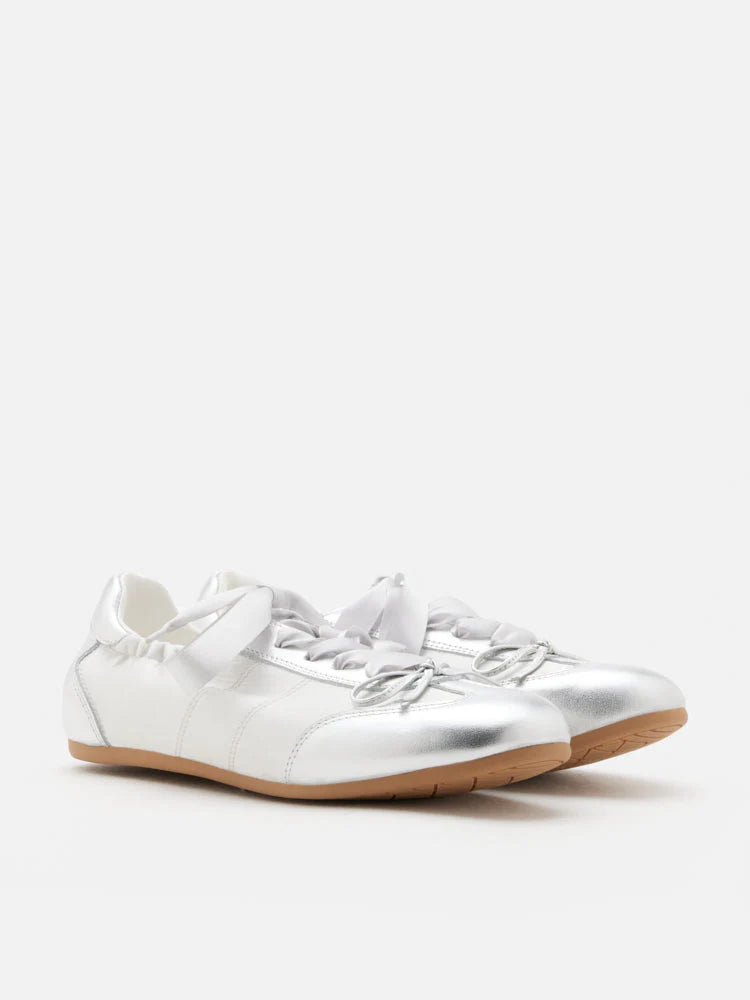 PAZZION, Sylvie Ballerina Satin Bow Sneakers, Silver