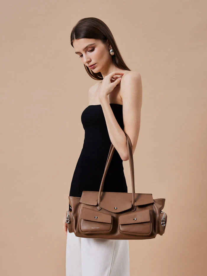 PAZZION, Virelle Structured Multi-Pocket Shoulder Bag, Brown