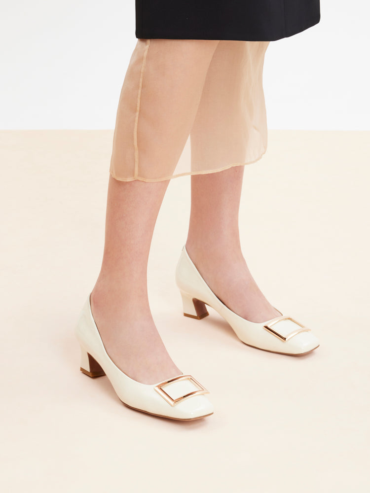PAZZION, Yvette Buckle Square-Toe Pump Heels, Beige