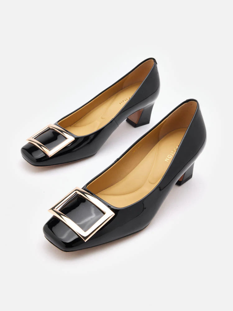 PAZZION, Yvette Buckle Square-Toe Pump Heels, Black