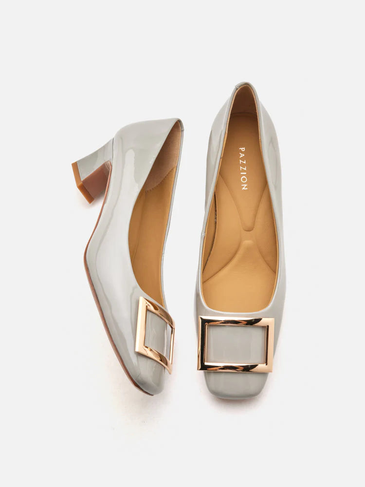 PAZZION, Yvette Buckle Square-Toe Pump Heels, Grey