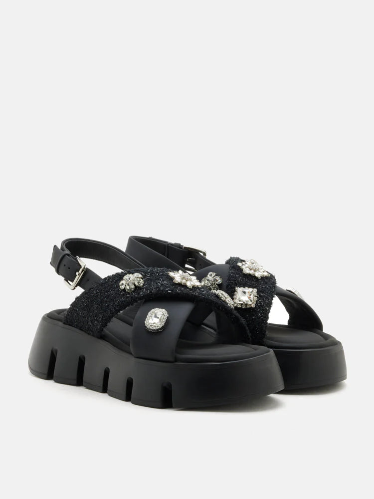 PAZZION, Abigail Embellished Criss-Cross Platform Sandals, Black