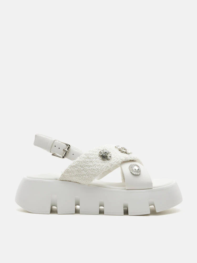 PAZZION, Abigail Embellished Criss-Cross Platform Sandals, White