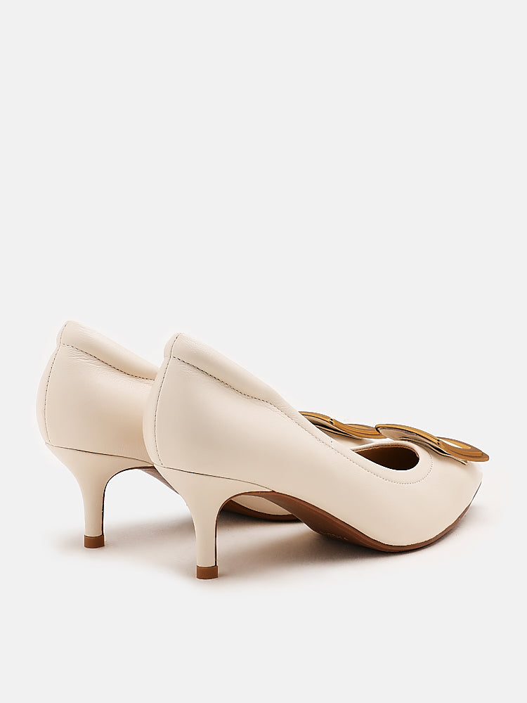 PAZZION, Adele Decollate Oversize Chrome Buckle Pumps, Beige