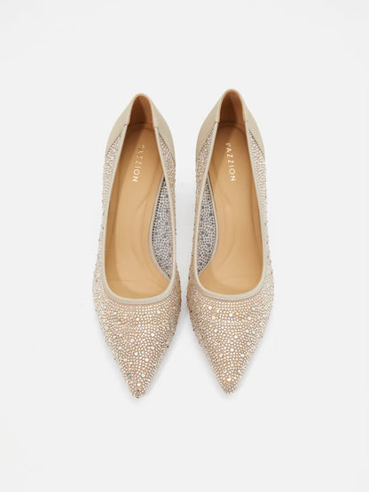 PAZZION, Agatha Crystal Embellished Pointed Toe Heels, Almond