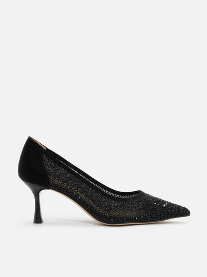 PAZZION, Agatha Crystal Embellished Pointed Toe Heels, Black