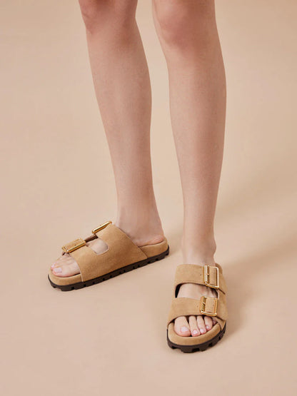 PAZZION, Alaia Buckled Suede Slides, Almond