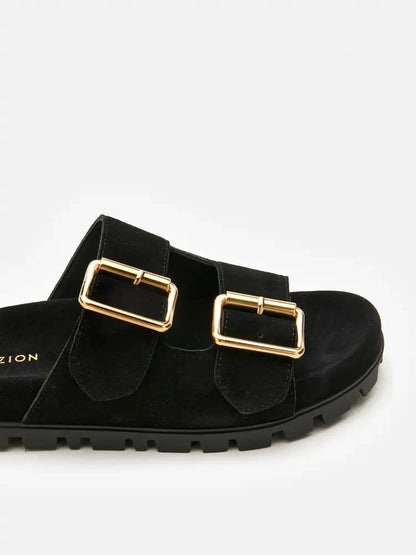 PAZZION, Alaia Buckled Suede Slides, Black
