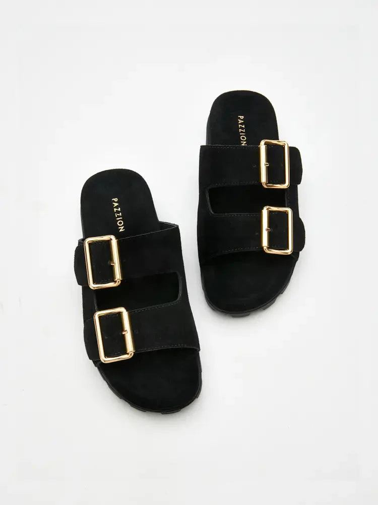 PAZZION, Alaia Buckled Suede Slides, Black