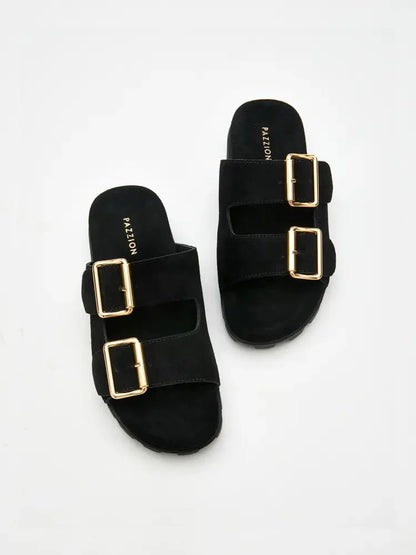 PAZZION, Alaia Buckled Suede Slides, Black