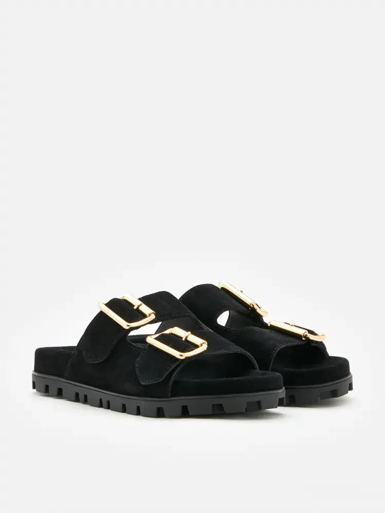 PAZZION, Alaia Buckled Suede Slides, Black