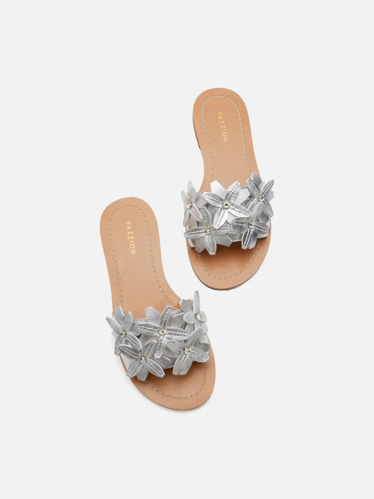 PAZZION, Aleena Floral Slides, Silver