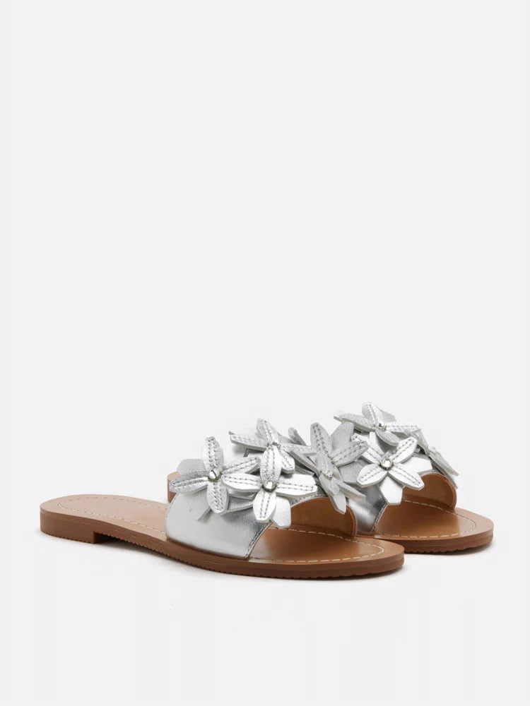 PAZZION, Aleena Floral Slides, Silver