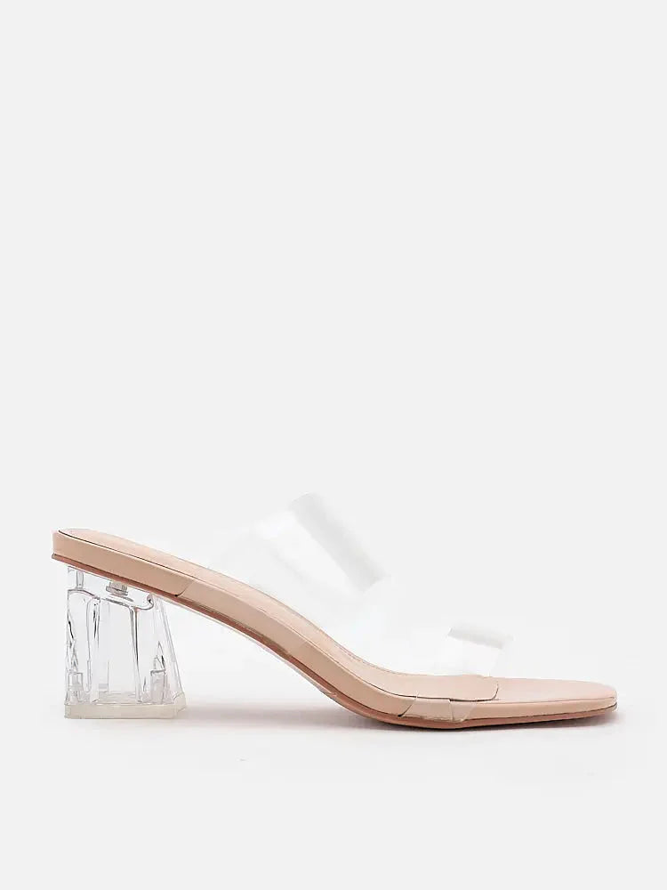 PAZZION, Alexandra Neutral Clear Strap Heels, Almond