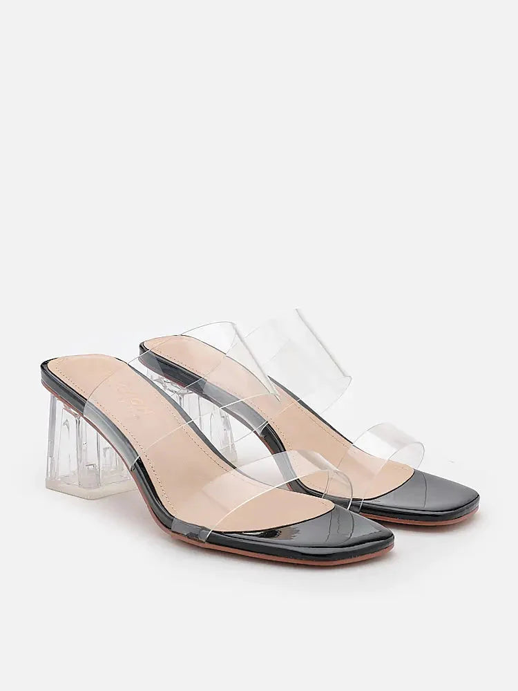 PAZZION, Alexandra Neutral Clear Strap Heels, Black