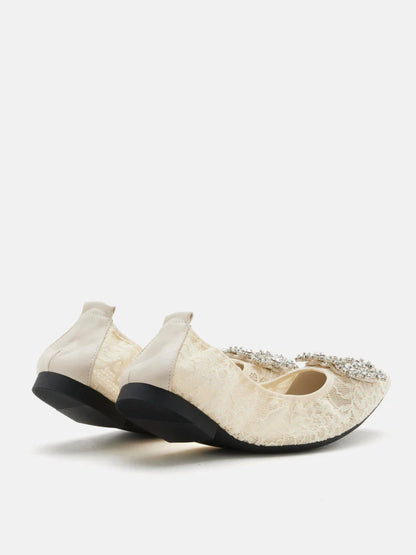 PAZZION, Alina Lace Diamante Foldable Flats, Beige