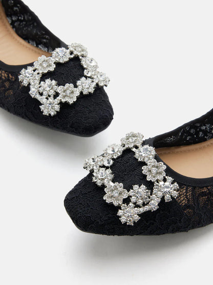 PAZZION, Alina Lace Diamante Foldable Flats, Black