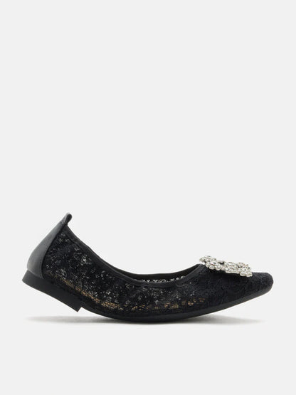 PAZZION, Alina Lace Diamante Foldable Flats, Black