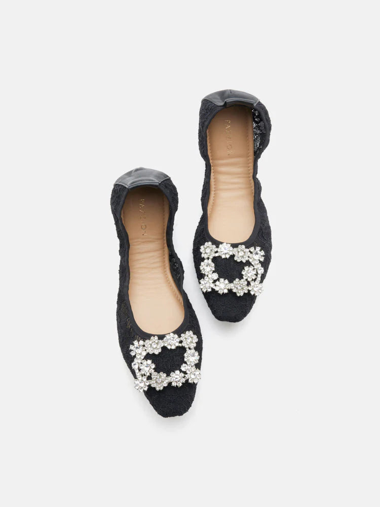 PAZZION, Alina Lace Diamante Foldable Flats, Black