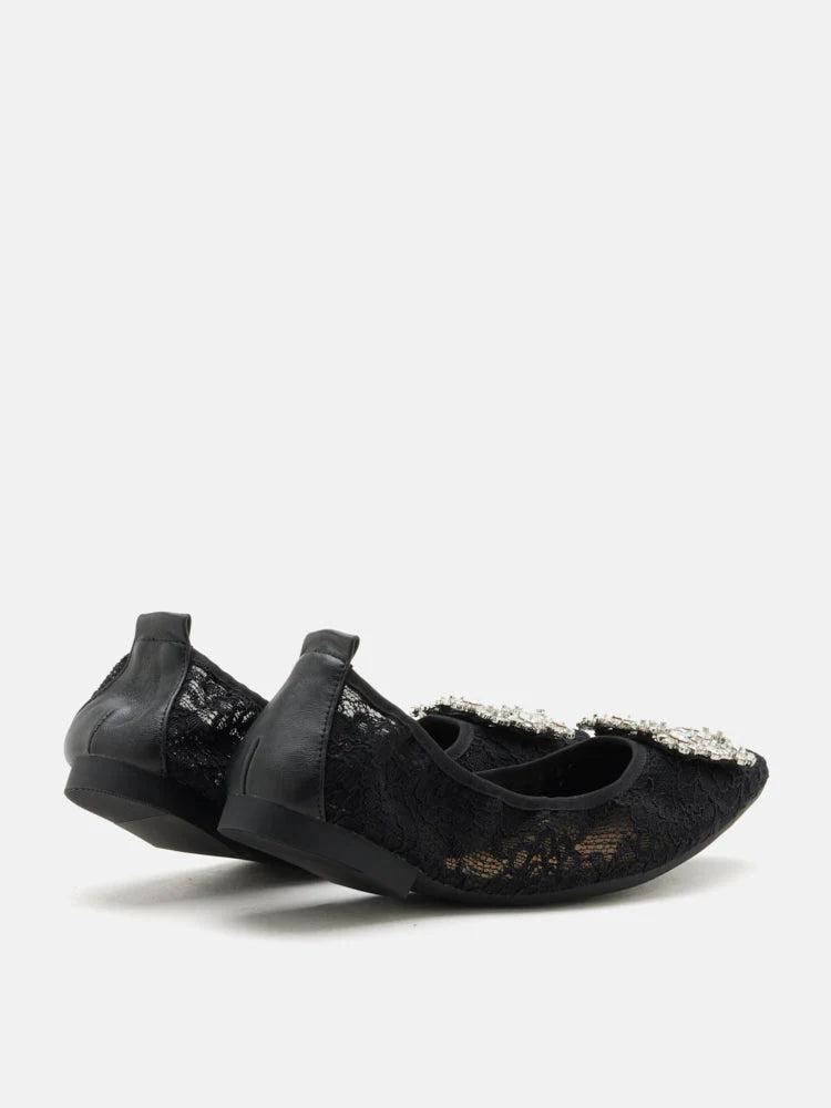 PAZZION, Alina Lace Diamante Foldable Flats, Black