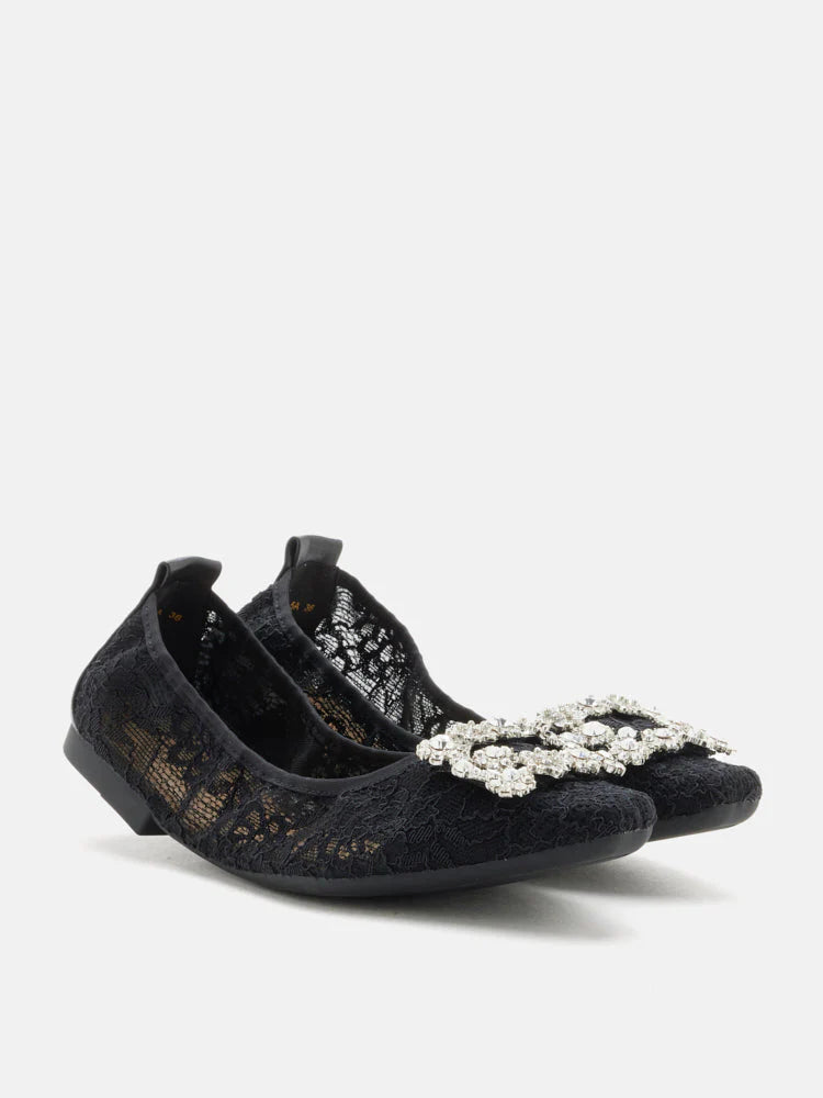 PAZZION, Alina Lace Diamante Foldable Flats, Black