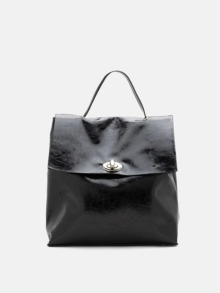 PAZZION, Allegra Silver Lock Leather Bag, Black