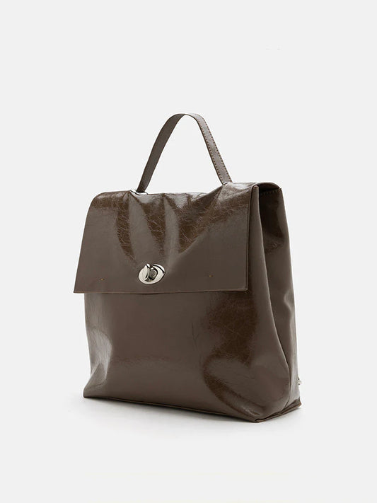 PAZZION, Allegra Silver Lock Leather Bag, Brown