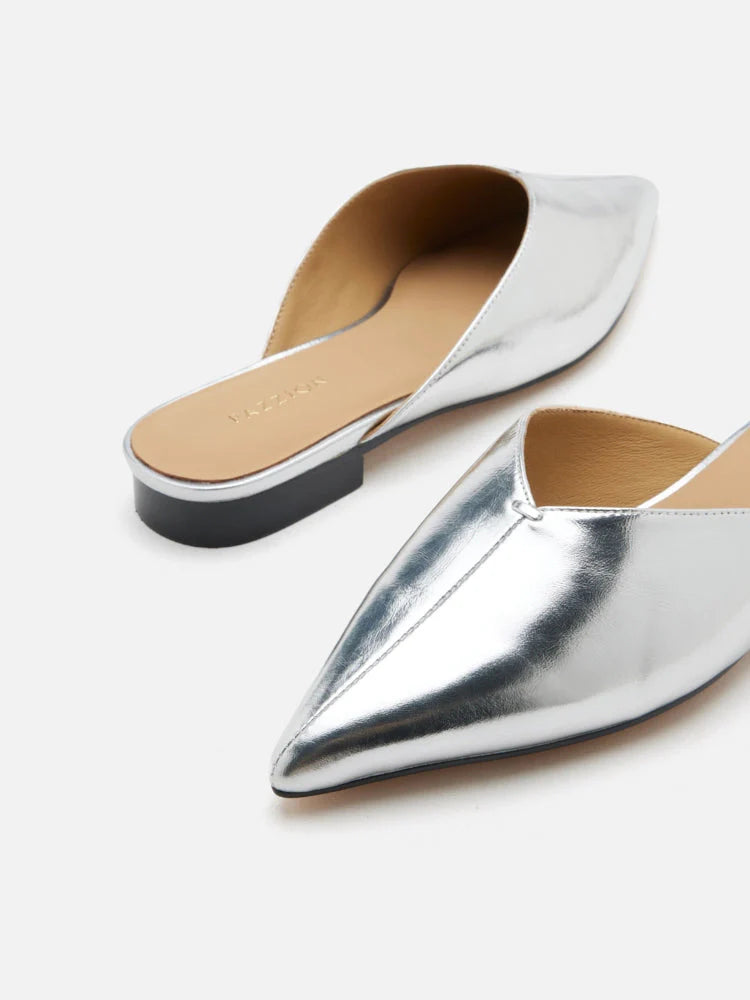 PAZZION, Allie Metallic Pointed Toe Mules, Silver