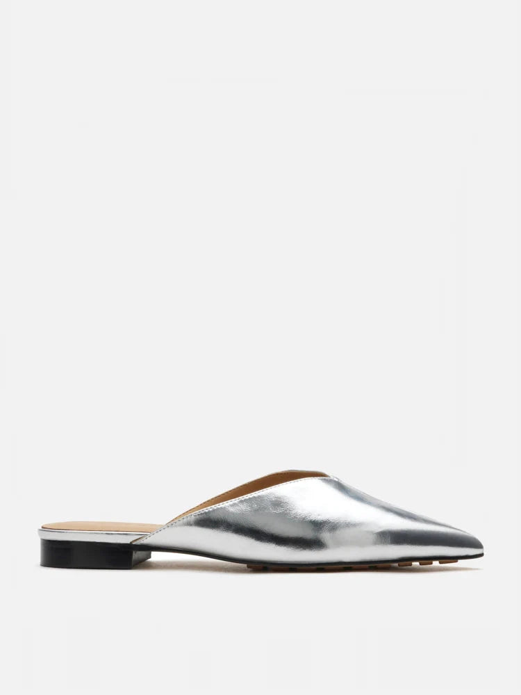 PAZZION, Allie Metallic Pointed Toe Mules, Silver