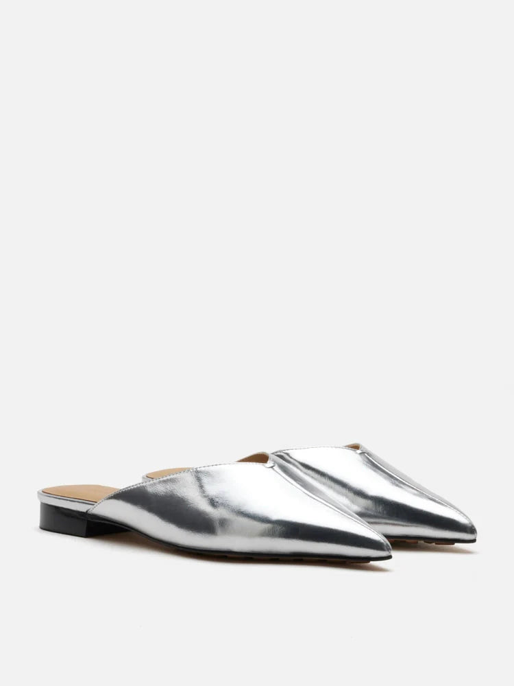 PAZZION, Allie Metallic Pointed Toe Mules, Silver