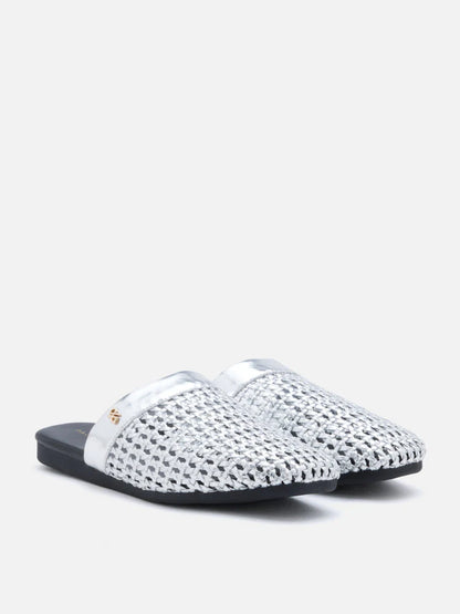 PAZZION, Ayanna Woven Slip-On Mules, Silver