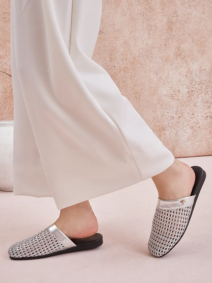 PAZZION, Ayanna Woven Slip-On Mules, Silver