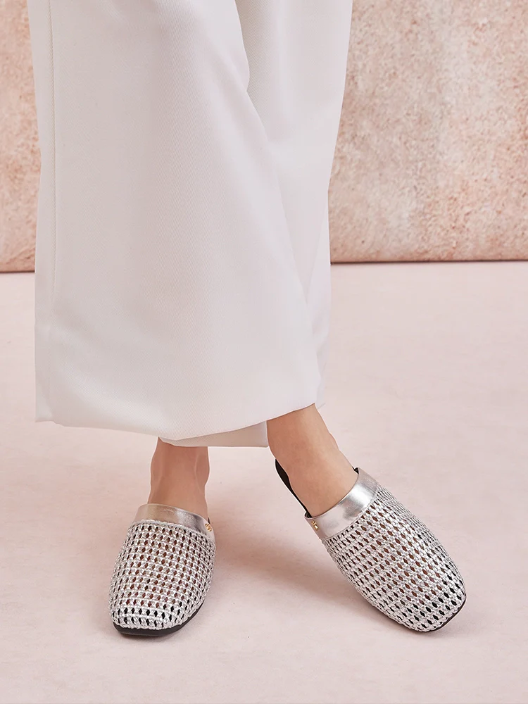 PAZZION, Ayanna Woven Slip-On Mules, Silver