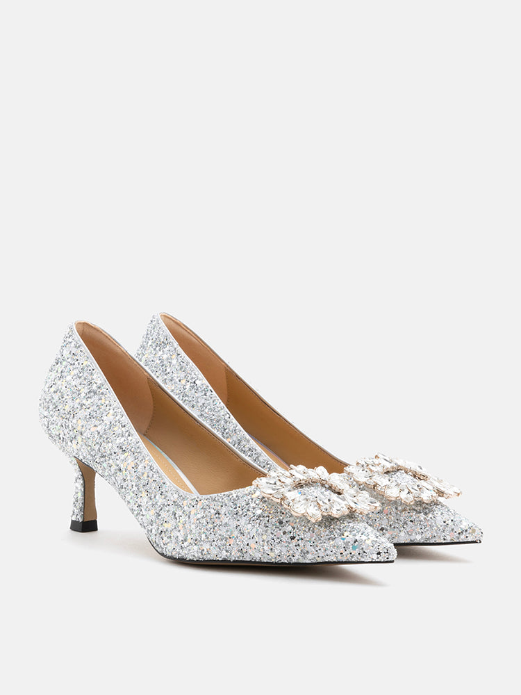 PAZZION, Aysha Diamante Embellished Heels, Silver