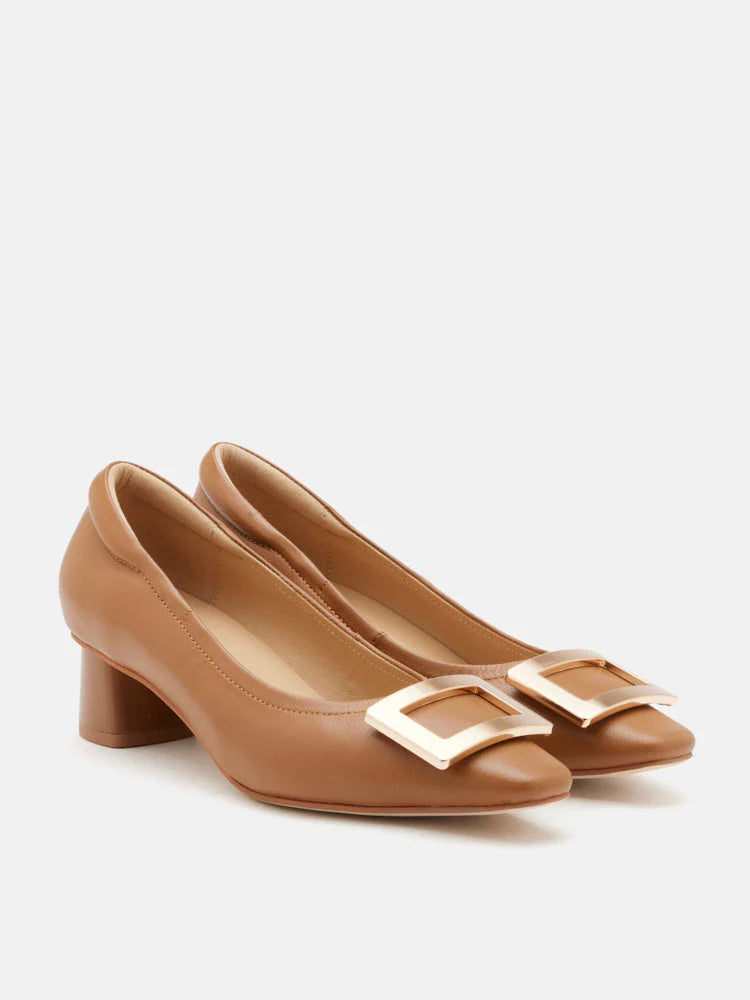 PAZZION, Azalea Buckle Low Block Heels, Brown