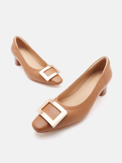PAZZION, Azalea Buckle Low Block Heels, Brown