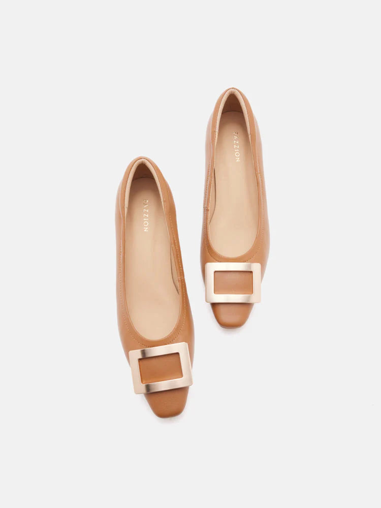 PAZZION, Azalea Buckle Low Block Heels, Brown