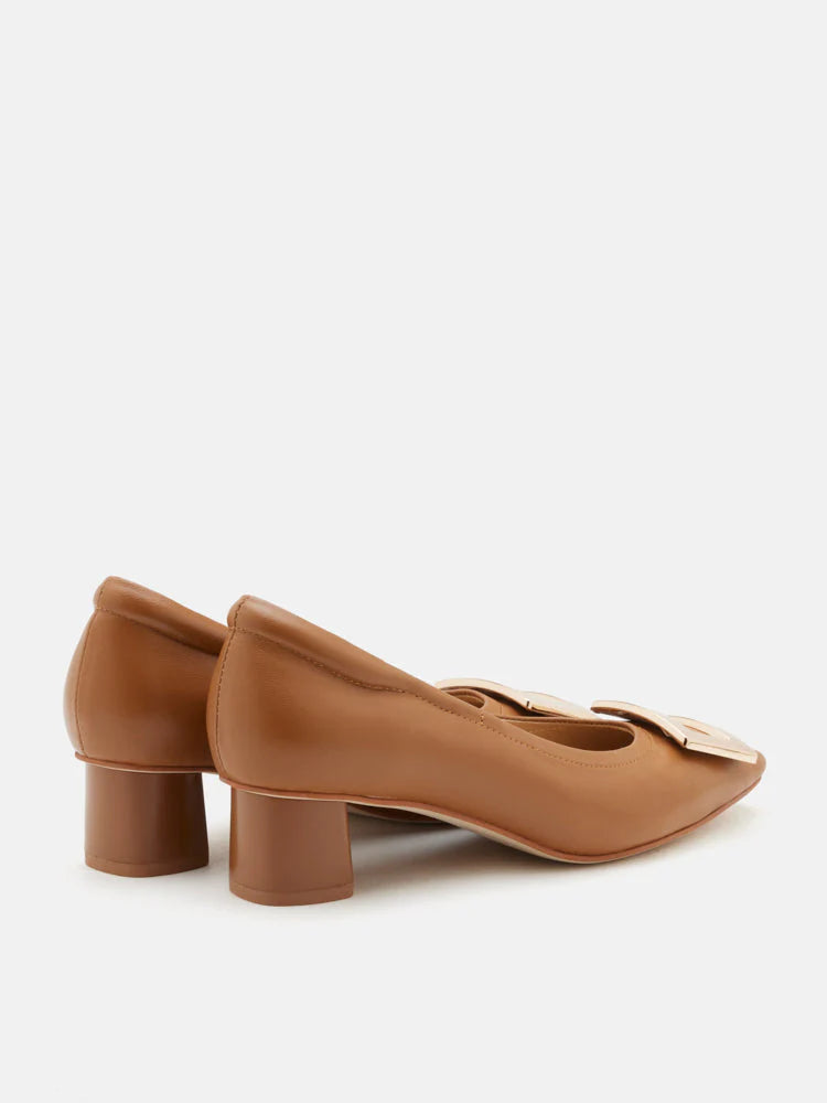 PAZZION, Azalea Buckle Low Block Heels, Brown