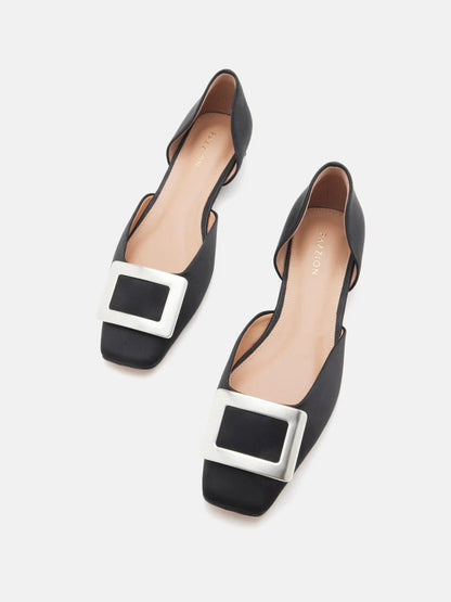 PAZZION, Beatrice Silver Square Buckle Flats, Black