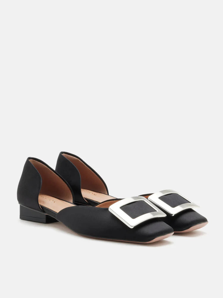 PAZZION, Beatrice Silver Square Buckle Flats, Black