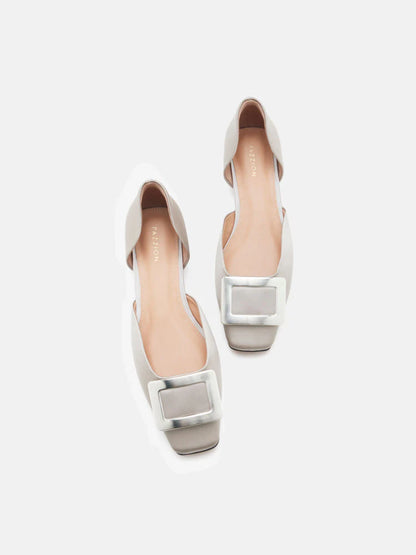 PAZZION, Beatrice Silver Square Buckle Flats, Grey