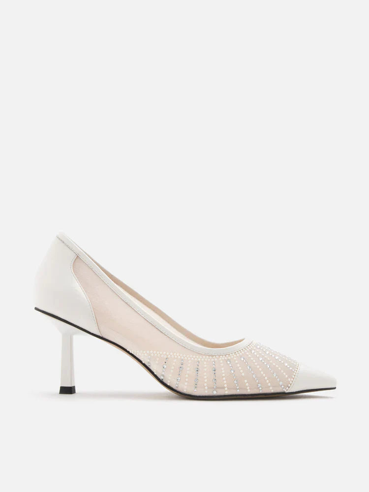 PAZZION, Bianca Crystal Embellished Point-Toe Pump Heels, White