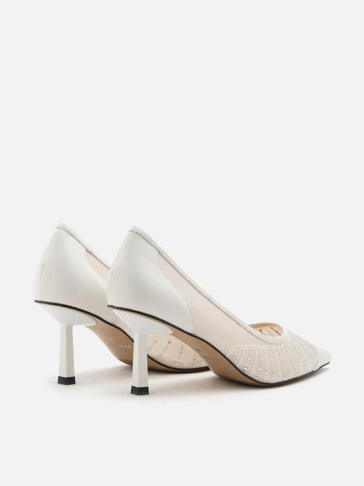 PAZZION, Bianca Crystal Embellished Point-Toe Pump Heels, White