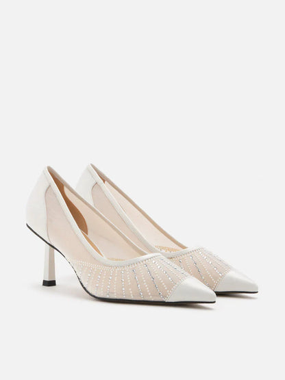 PAZZION, Bianca Crystal Embellished Point-Toe Pump Heels, White