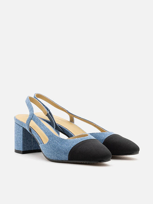 PAZZION, Blythe Denim Lambskin Toe Cap Block Heels, Blue