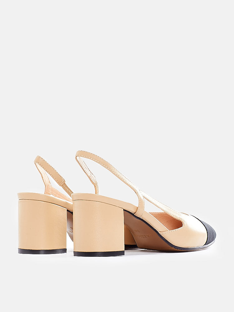 PAZZION, Blythe Lambskin Toe Cap Block Heels, Almond