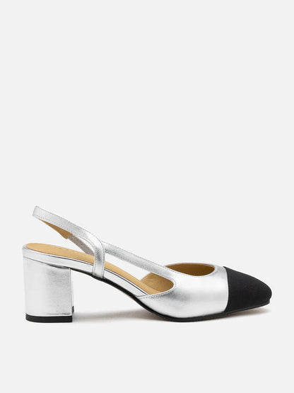 PAZZION, Blythe Lambskin Toe Cap Block Heels, Silver