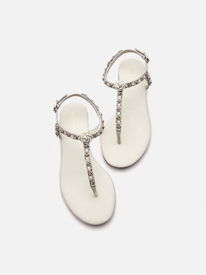 PAZZION, Camelia Embellished T-bar Sandals, Beige
