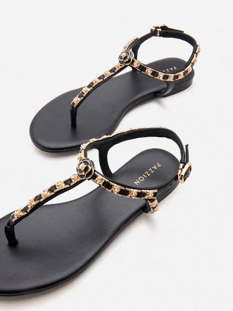 PAZZION, Camelia Embellished T-bar Sandals, Black