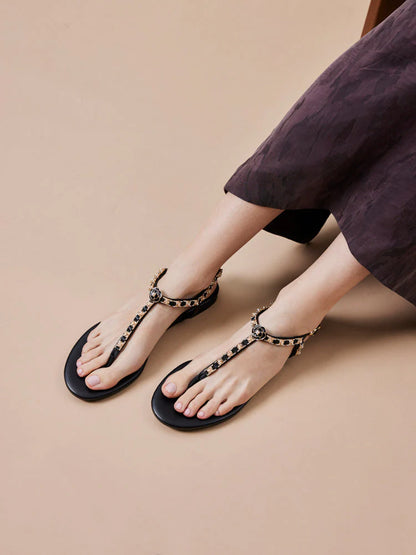 PAZZION, Camelia Embellished T-bar Sandals, Black
